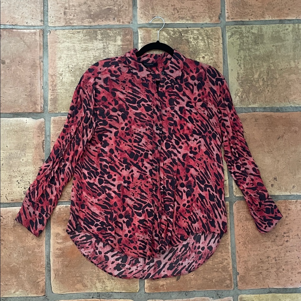AllSaints Size Small Bernie Ambient Pink and Red Animal Print Button-Down Shirt